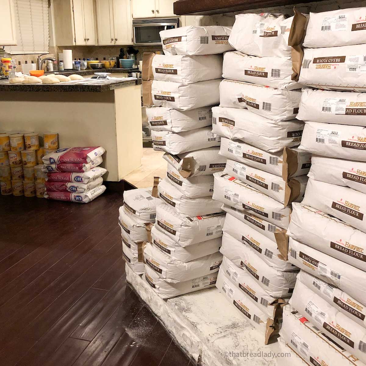 Stack of flour and sugar in Heather's home kitchen.