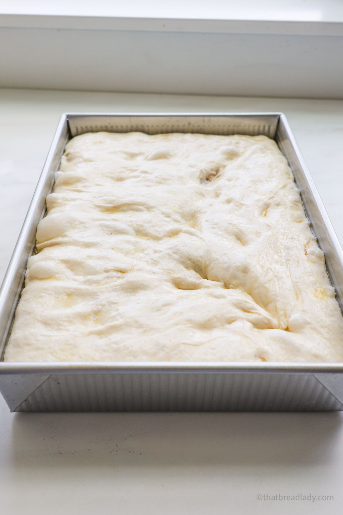 A pan of risen cinnamon roll focaccia.