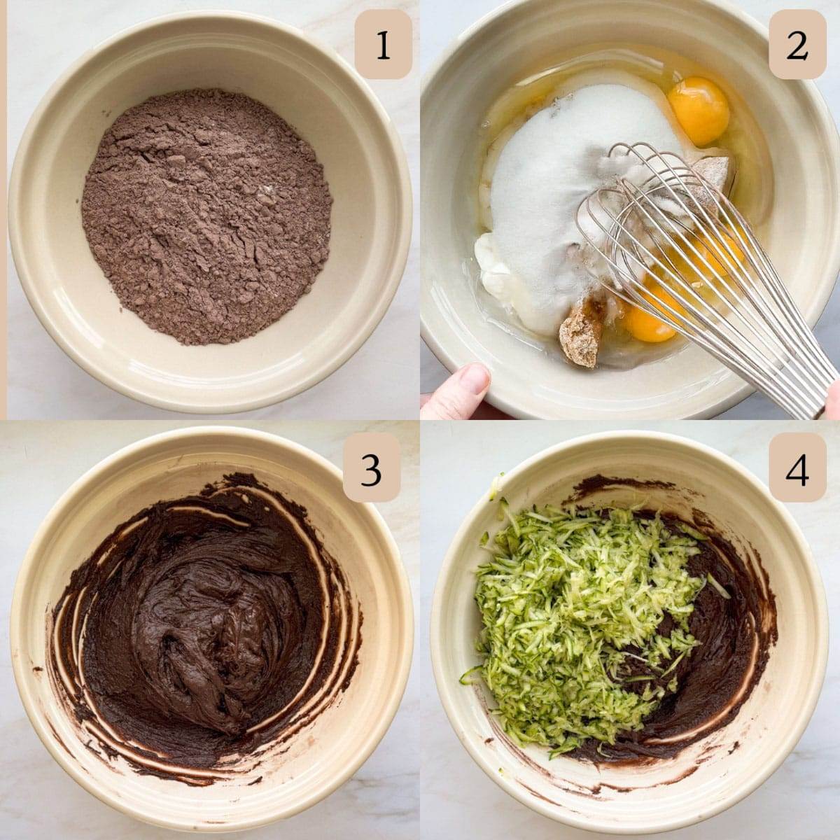 Four images of the steps to make double chocolate zucchini bread including mixing the dry ingredients, mixing the wet ingredients, and adding the zucchini to the batter.