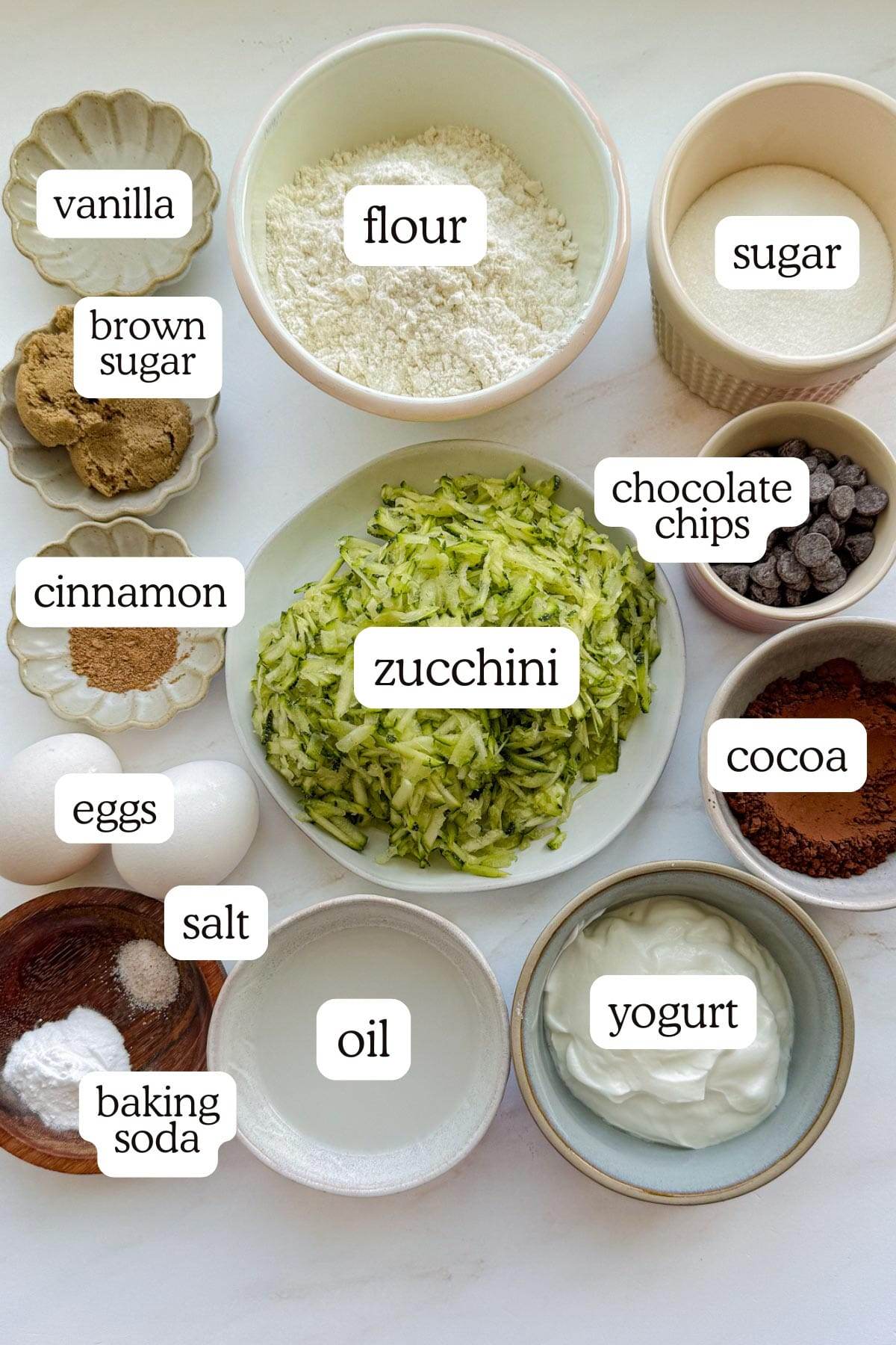 All of the ingredients for double chocolate zucchini bread, measured out and labeled.