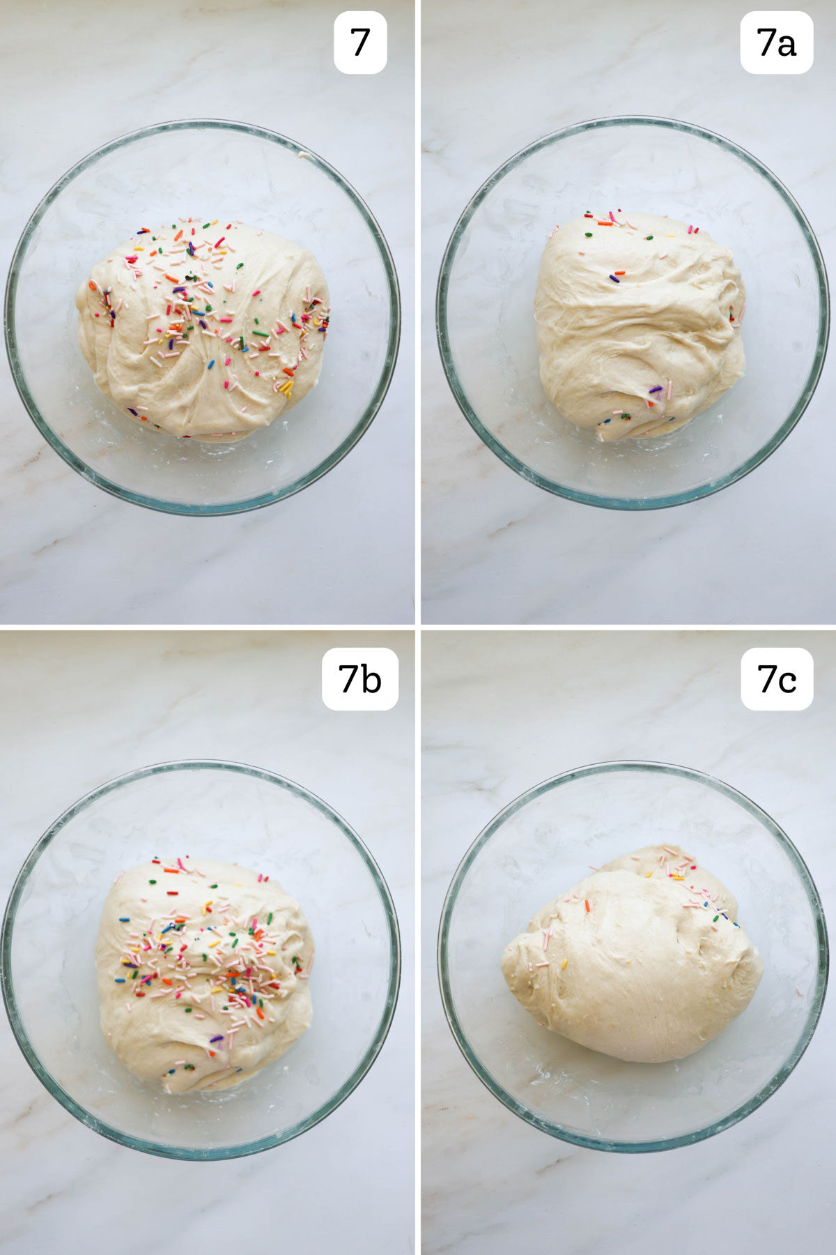 Four images labeled 7, 7a, 7b, 7c, and 6d, showing how to stretch and fold all four sides fo the bowl while also incorporating sprinkles into the folds.