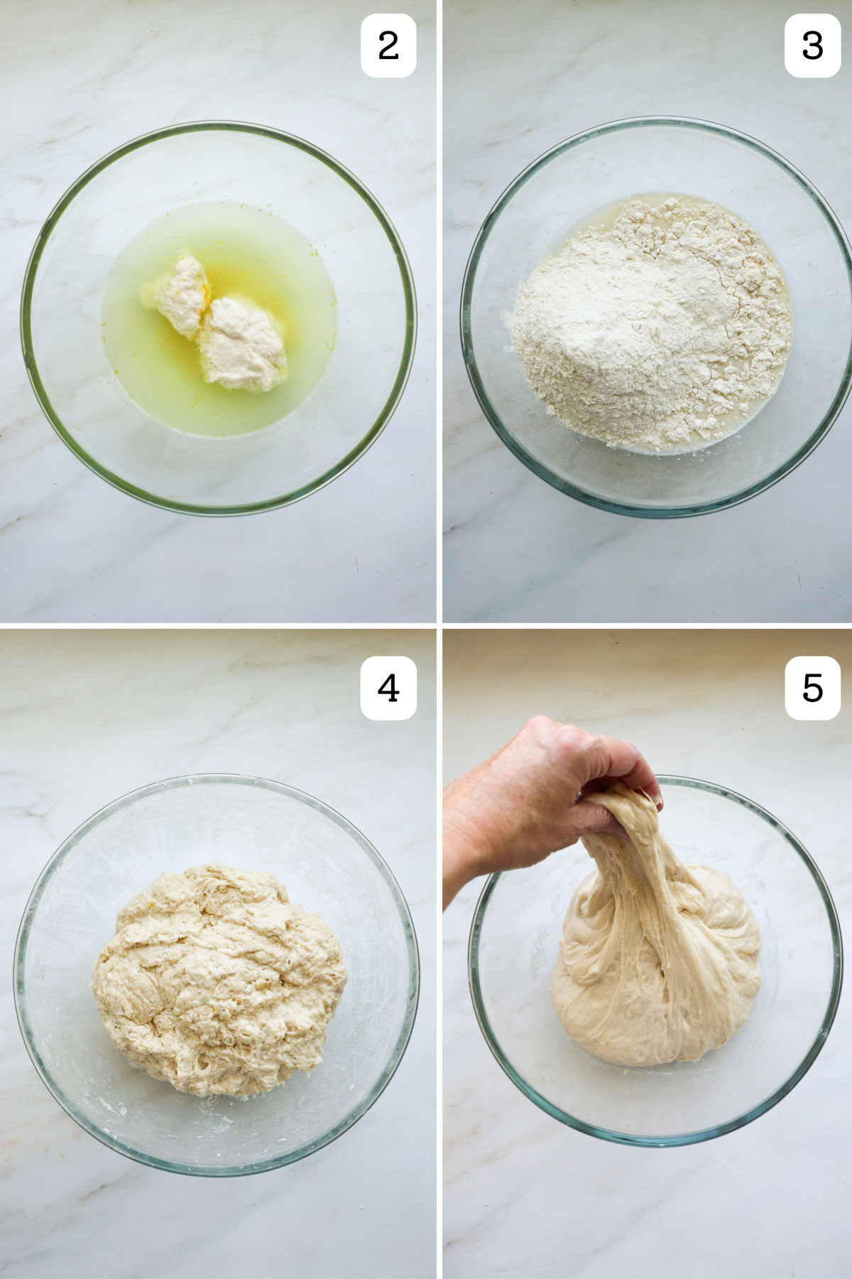 Four images: the first is labeled 2 an is a bowl with water, lemon zest, sugar and sourdough starter, the second is labeled 3 and shows flour added to the bowl, the third image is labeled 4 and shows the dough all mixed together, the fifth image is labeled 5 and has a hand stretching the dough.