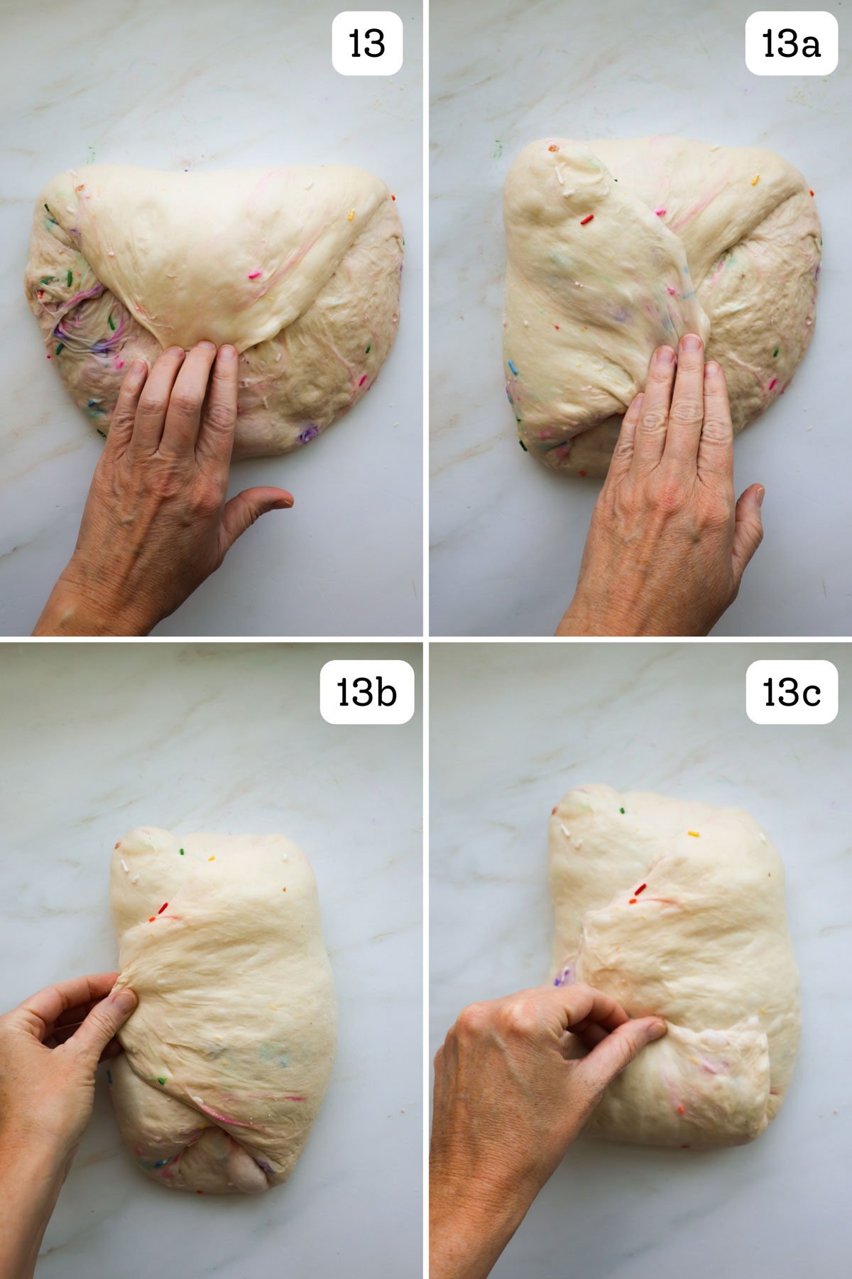 Four images labeled 13, 13a, 13b, 13c, and 13d, showing how to shape a sourdough loaf, stretching the top over first, then the left  side, then the right side, then rolling up the loaf from the bottom.