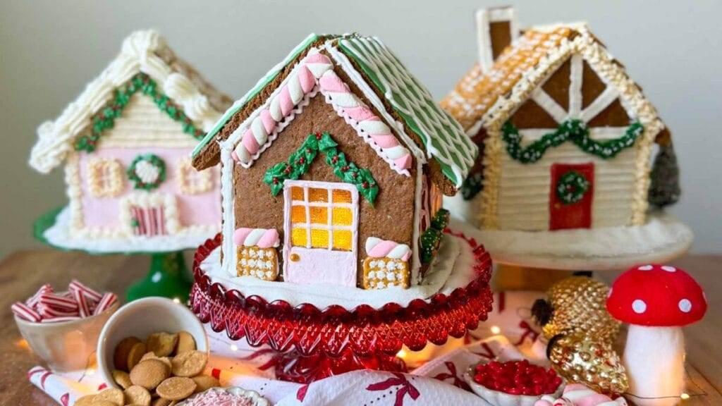 Three gingerbread houses decorated with white, green and pink icing.
