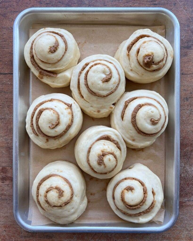 Biscoff Cinnamon Rolls rising on a baking sheet. 