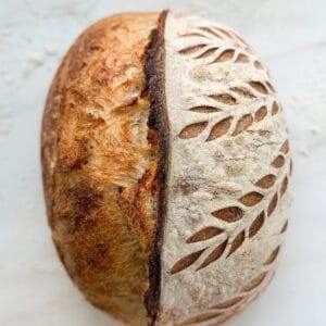 A loaf of sourdough, scored down the center with wheat stalks on one side.