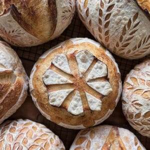 Seven loaves of sourdough, scored with different designs of flowers, vines and wheat stalks.
