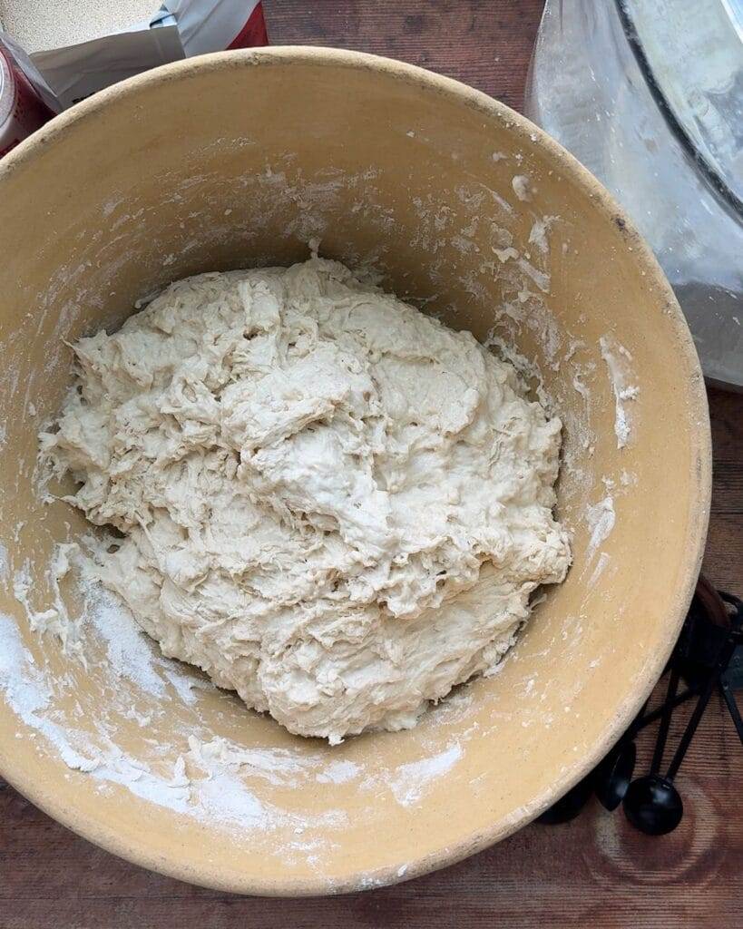 Sticky dough in a mixing bowl.