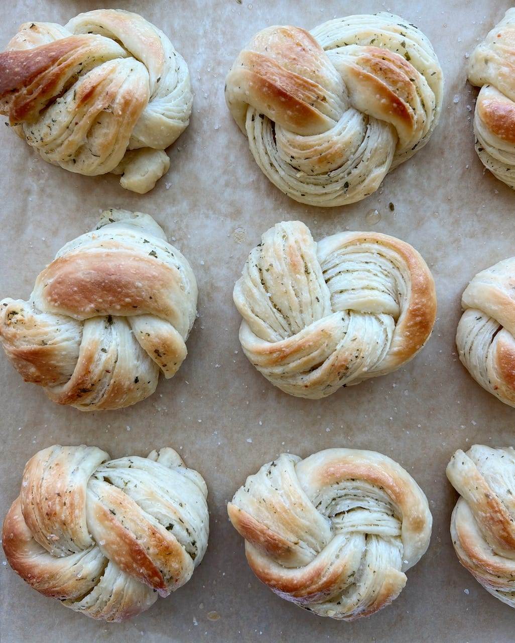 Garlic knots on a baking sheet