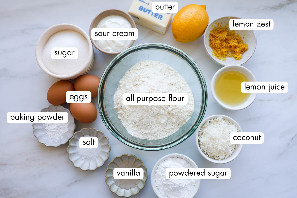 All the ingredients for a lemon coconut loaf.