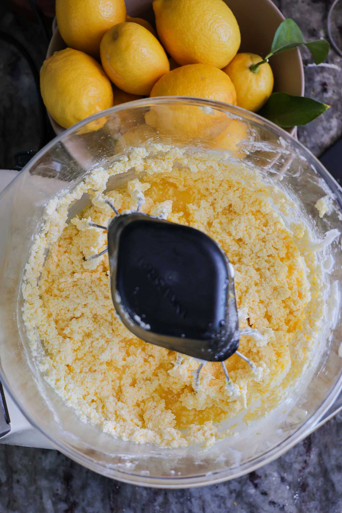 The batter for a lemon coconut loaf in the mixer before adding the flour.
