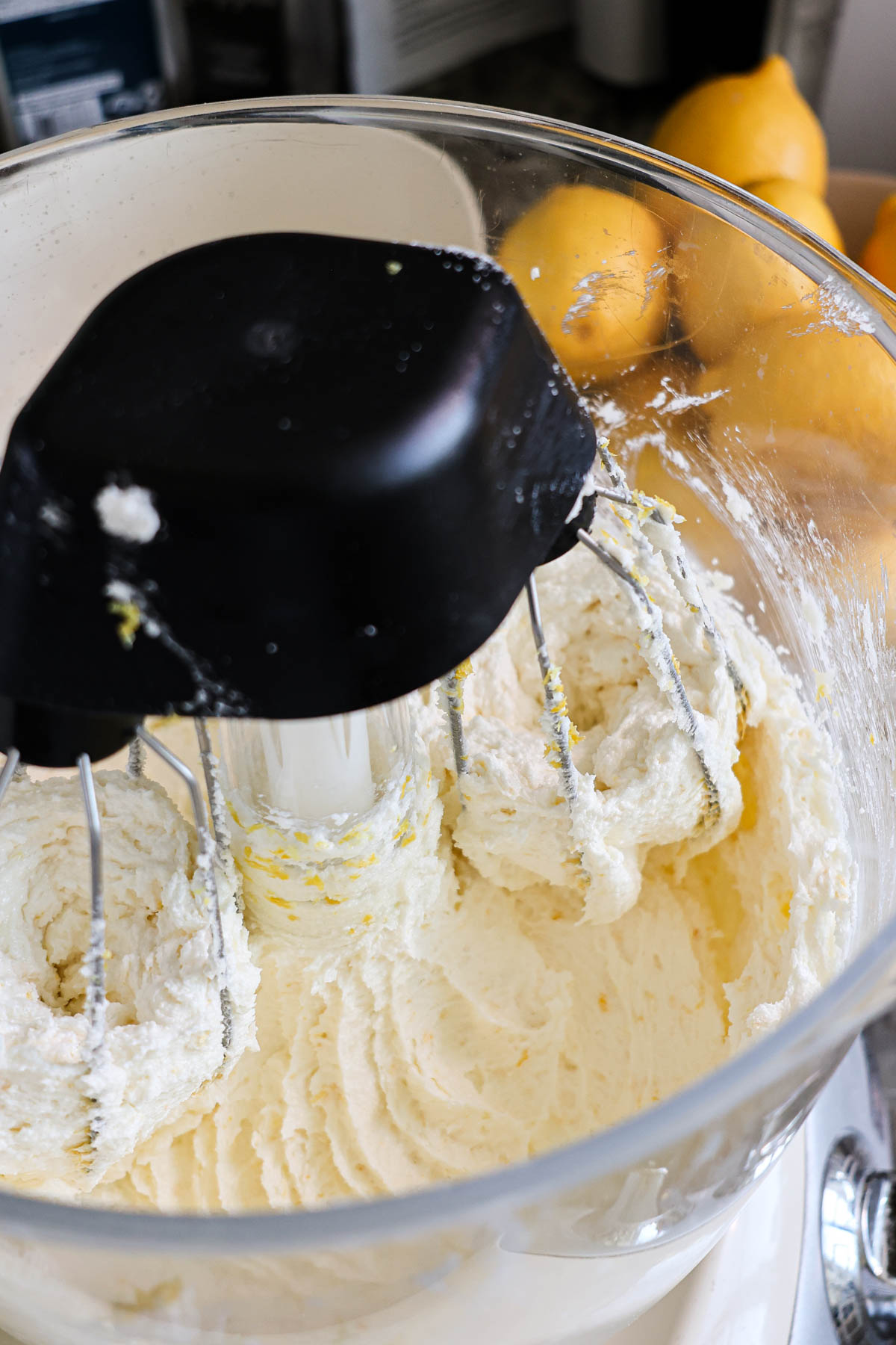 The mixture of the lemon coconut batter after mixing in the flour.