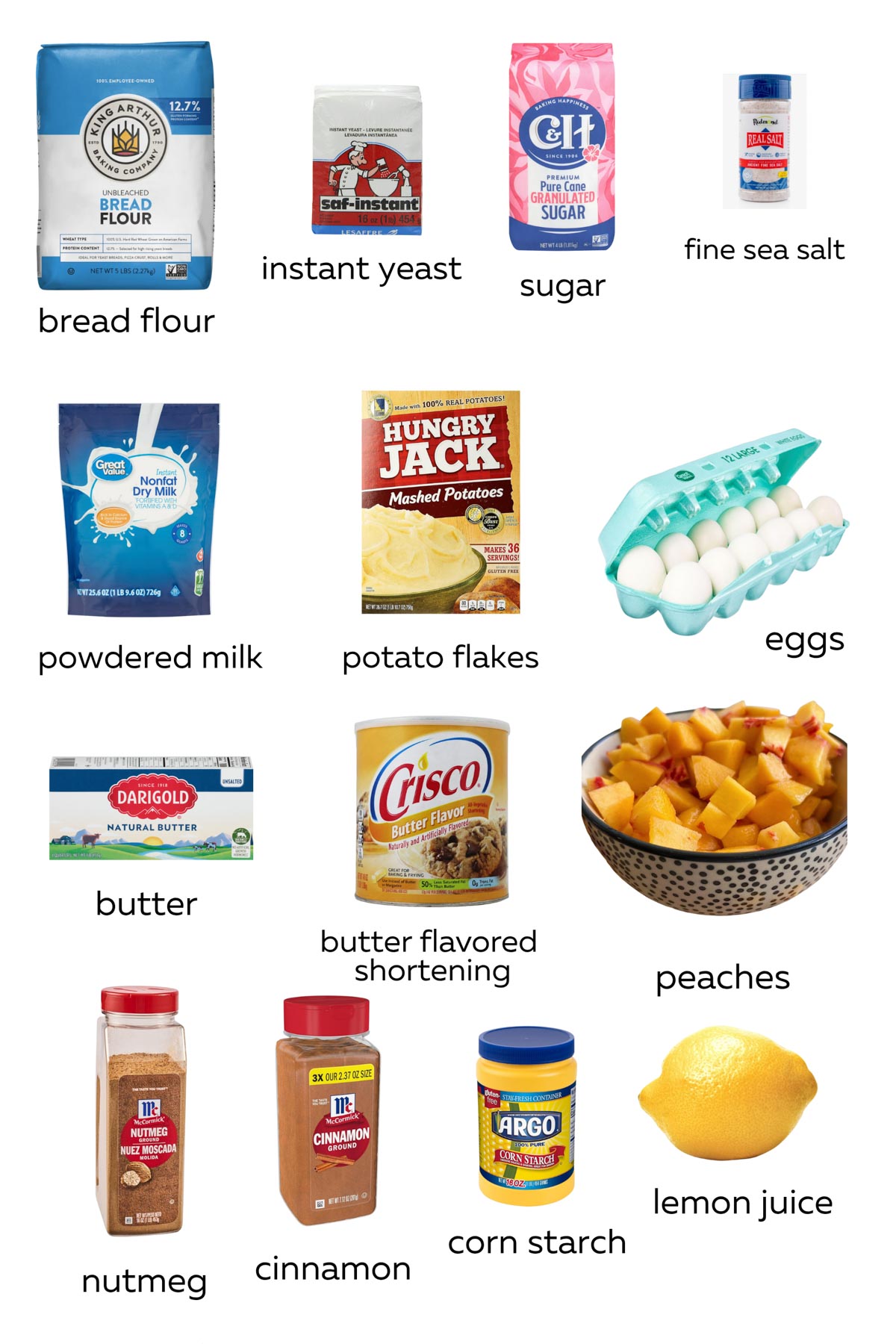All of the ingredients for peach cinnamon rolls.