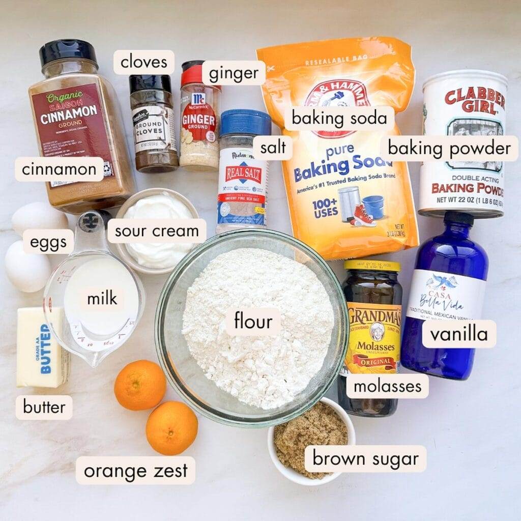 Ingredients for a spiced gingerbread cake loaf.