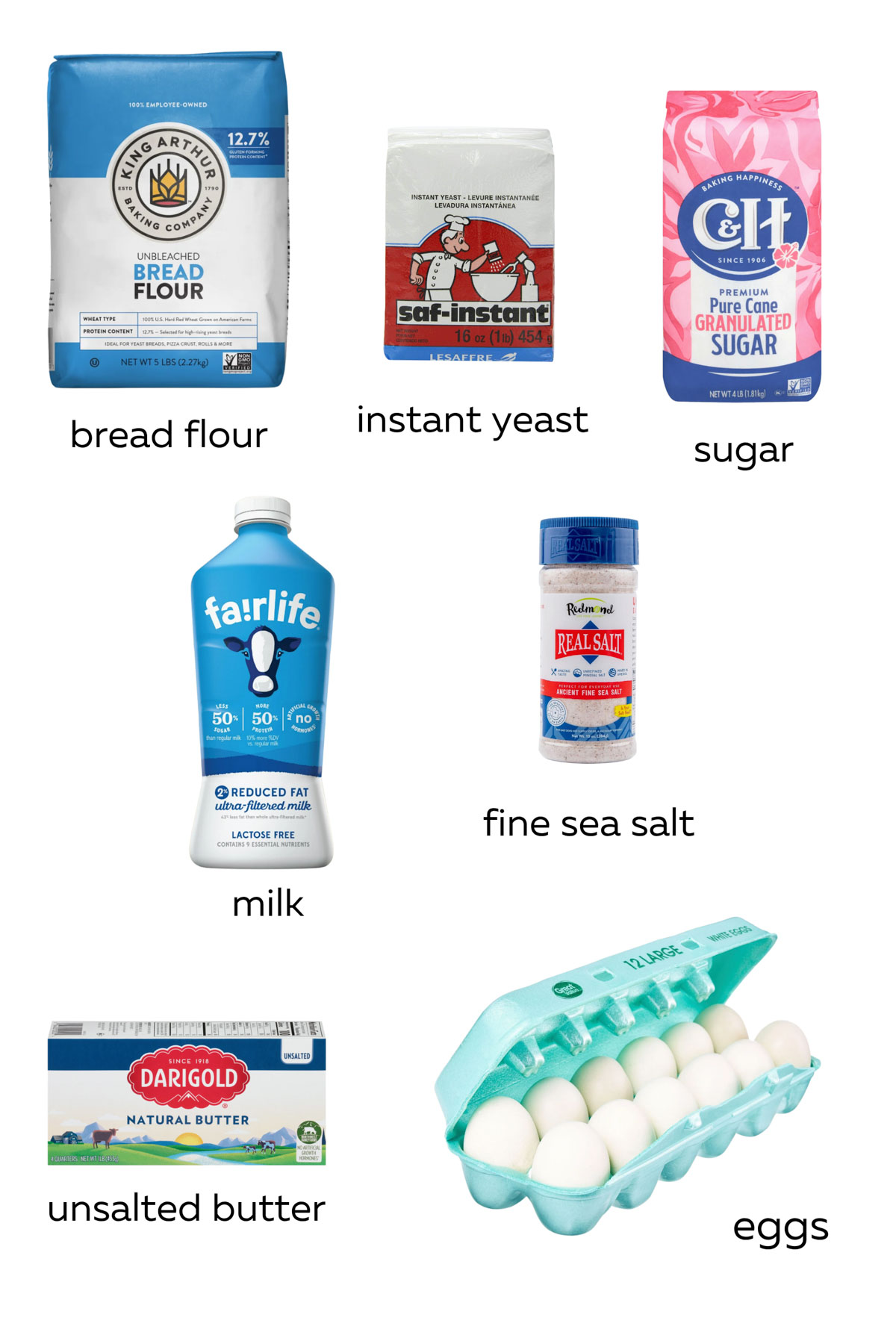 All the ingredients for soft white sandwich bread.
