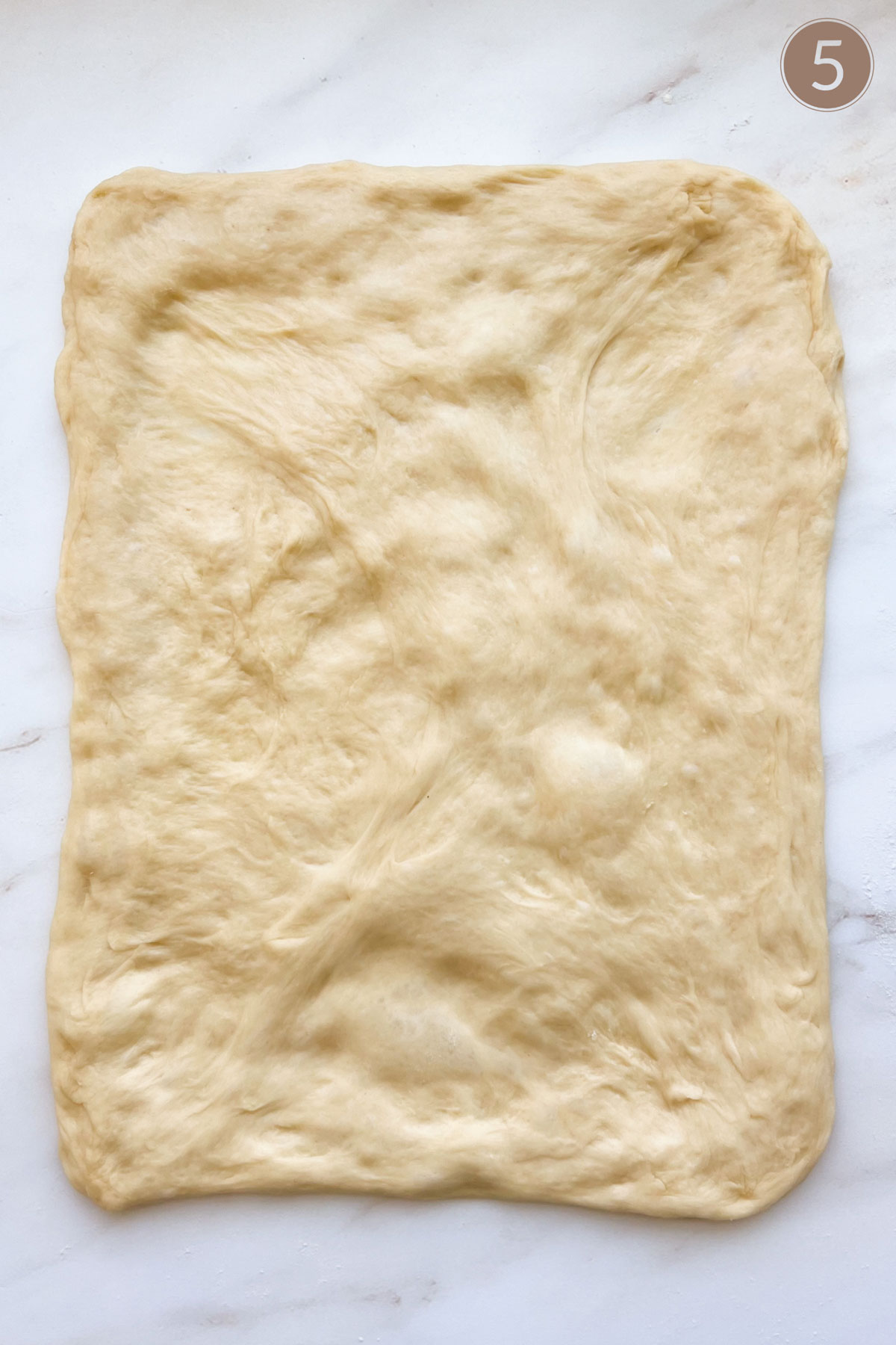 Bread dough flattened to a rectangle.