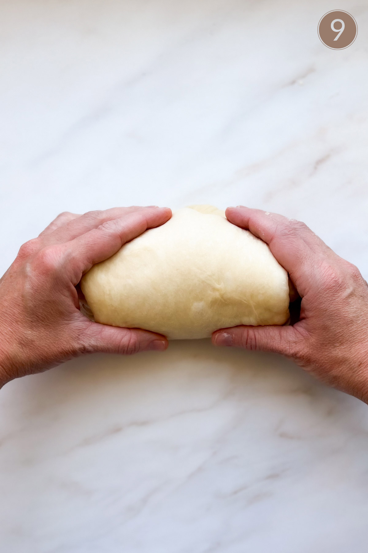 Two hands forming a loaf with bread dough.