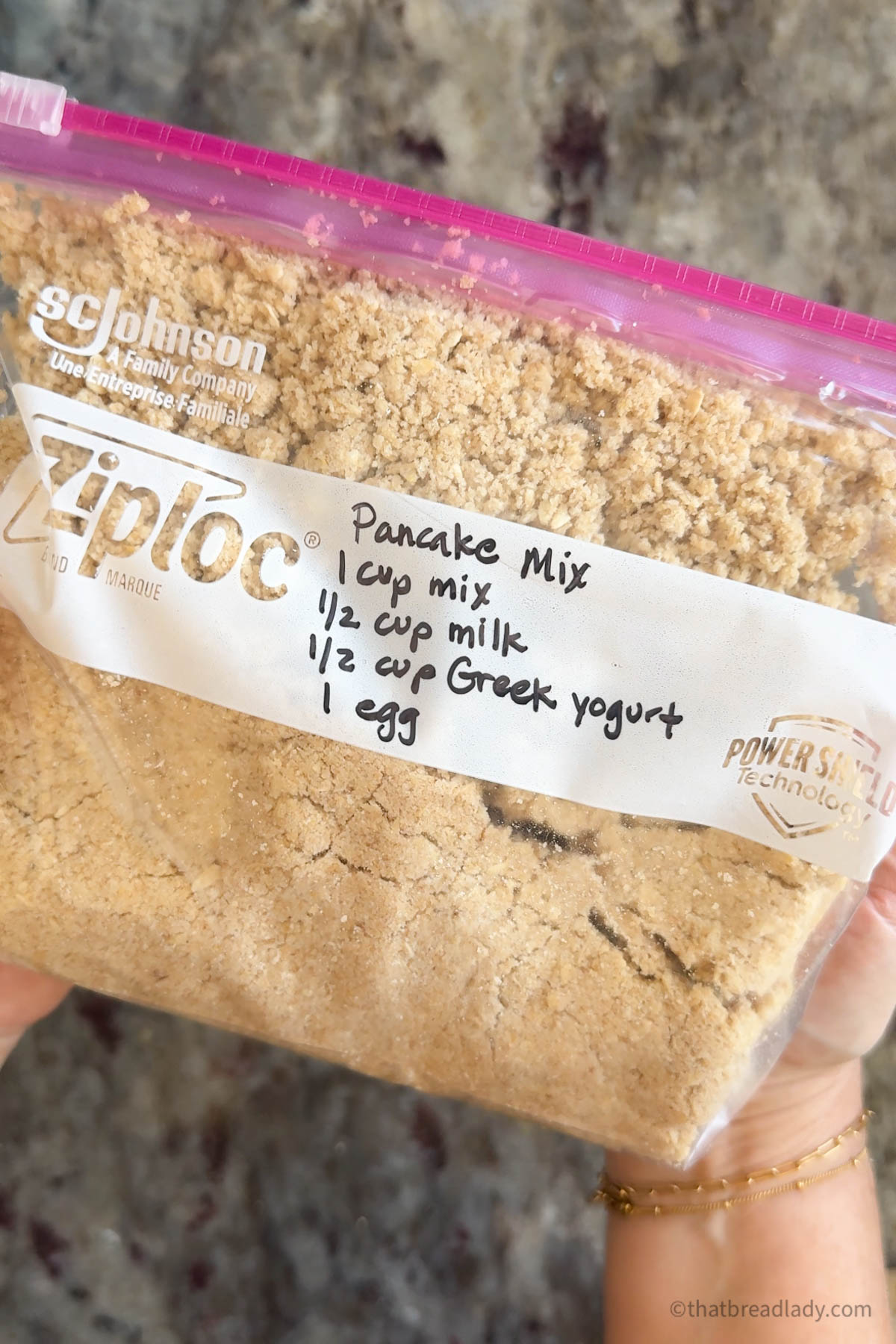 Pancake mix in a ziplock bag with instructions written on it.